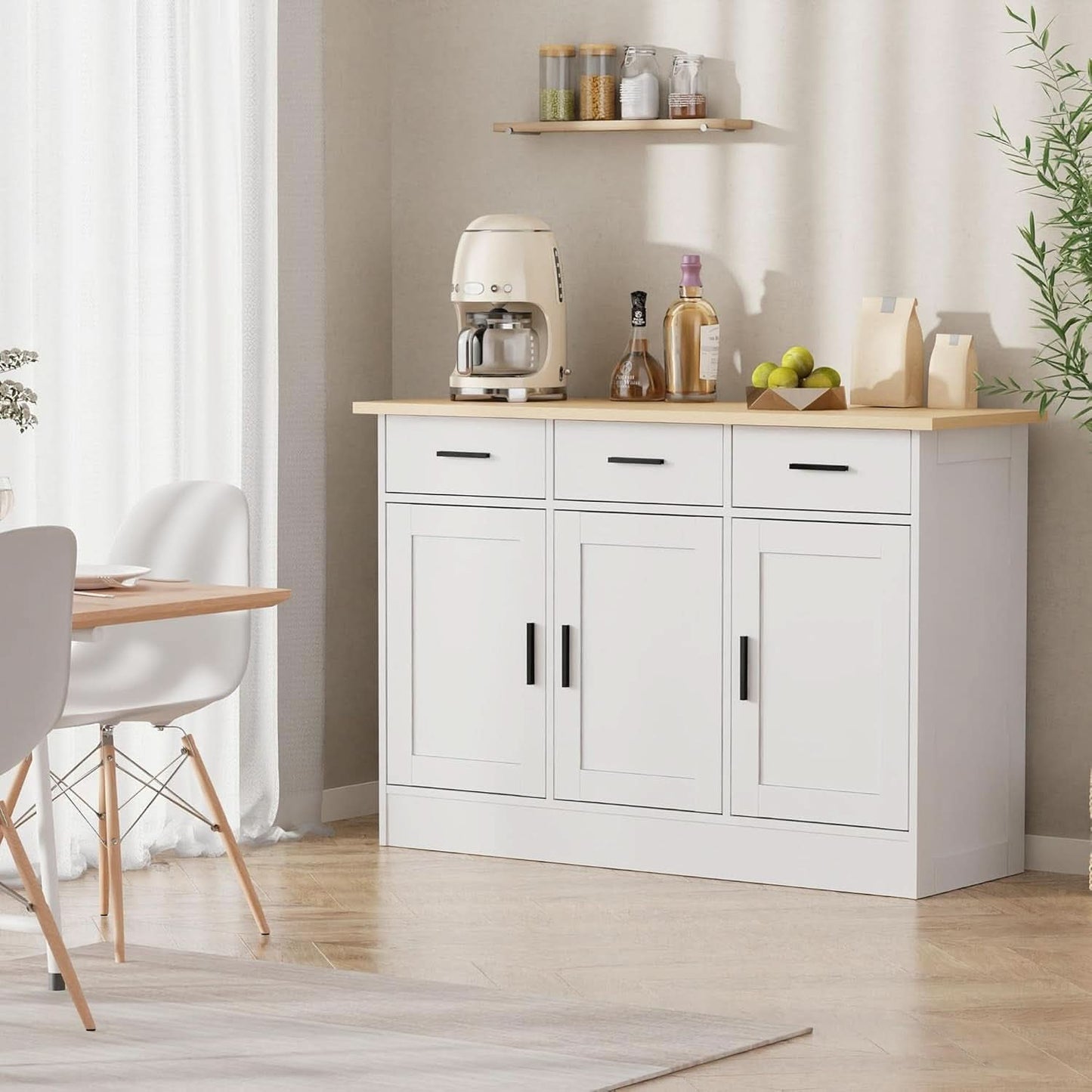White Buffet Cabinet 47W Oak Top With 3 Doors And 3 Drawers