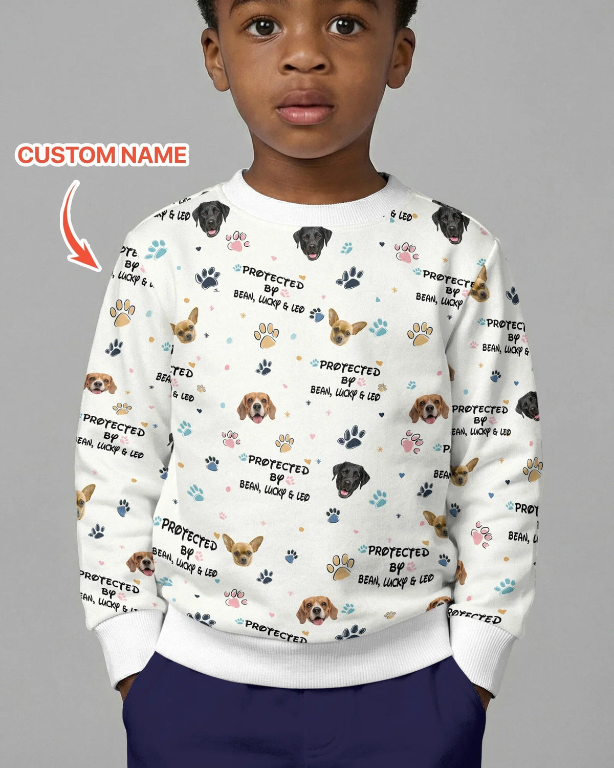 Custom Dog Photo Pattern "Protected By" Crewneck Sweatshirt