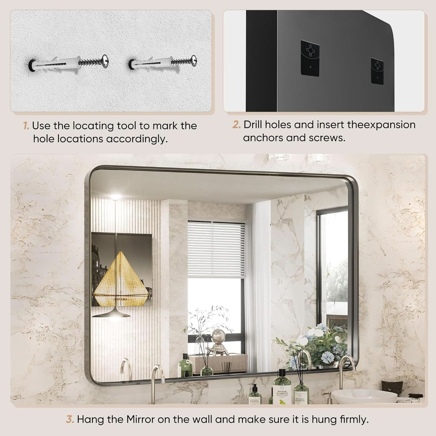 Black Metal Framed Vanity Mirror 36x24 Inch For Over Sink