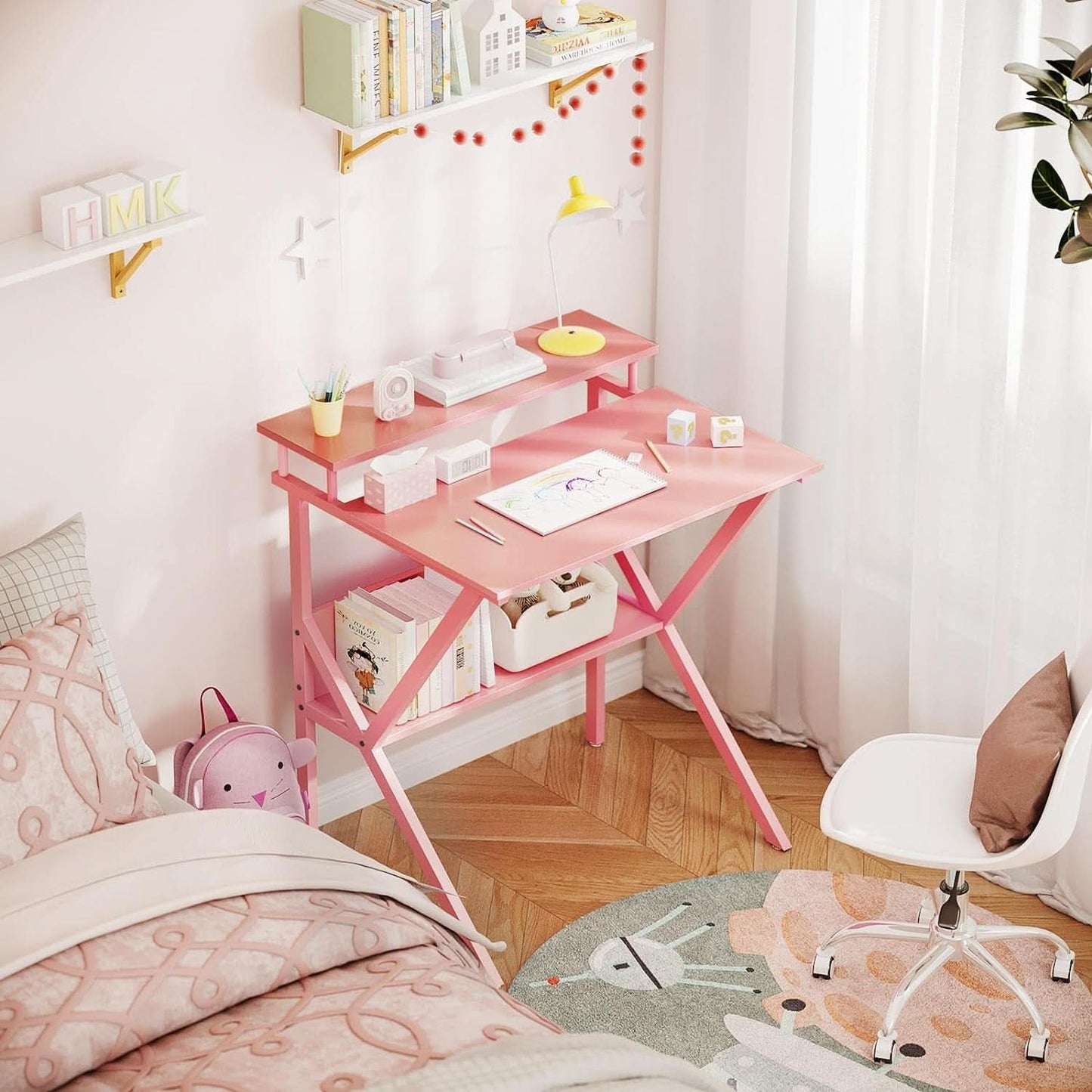 27.5-Inch Pink Desk With Monitor Stand For Small Spaces