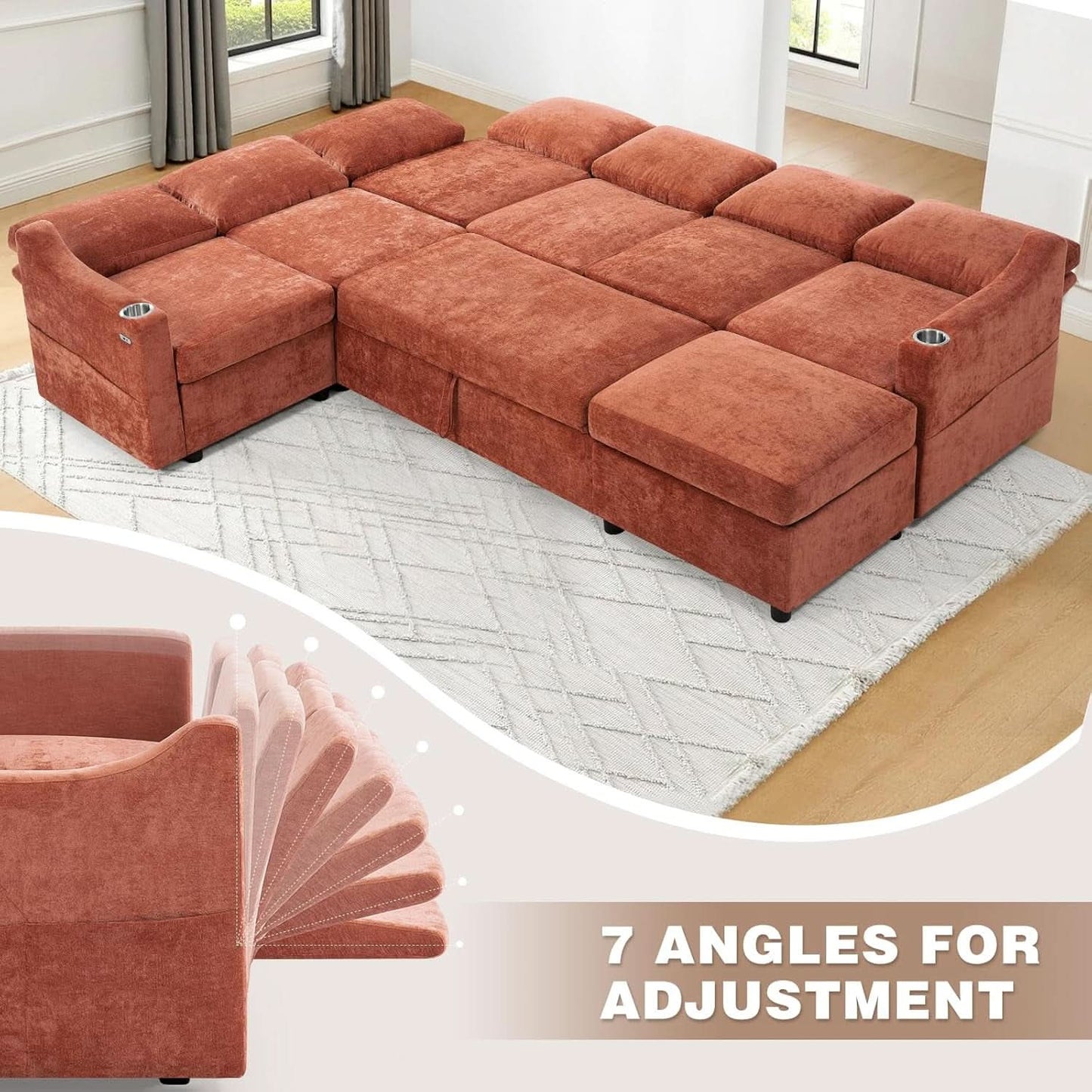 116Inch Orange Chenille Fabric Modular Sleeper Sofa USB