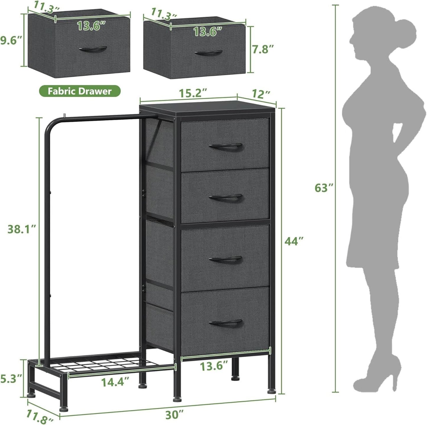 Dresser With Hanging Rack 44 Inch Tall Grey Four Drawer