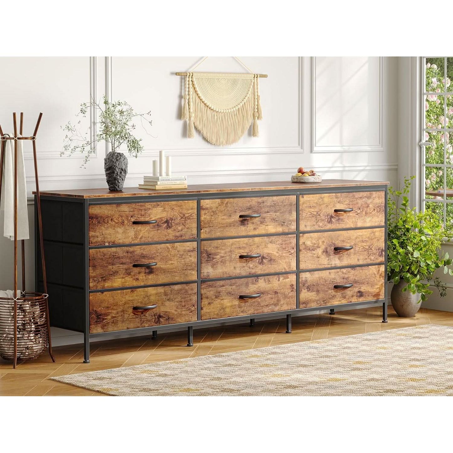 Rustic Brown 9 Drawer Dresser With TV Stand Media Console