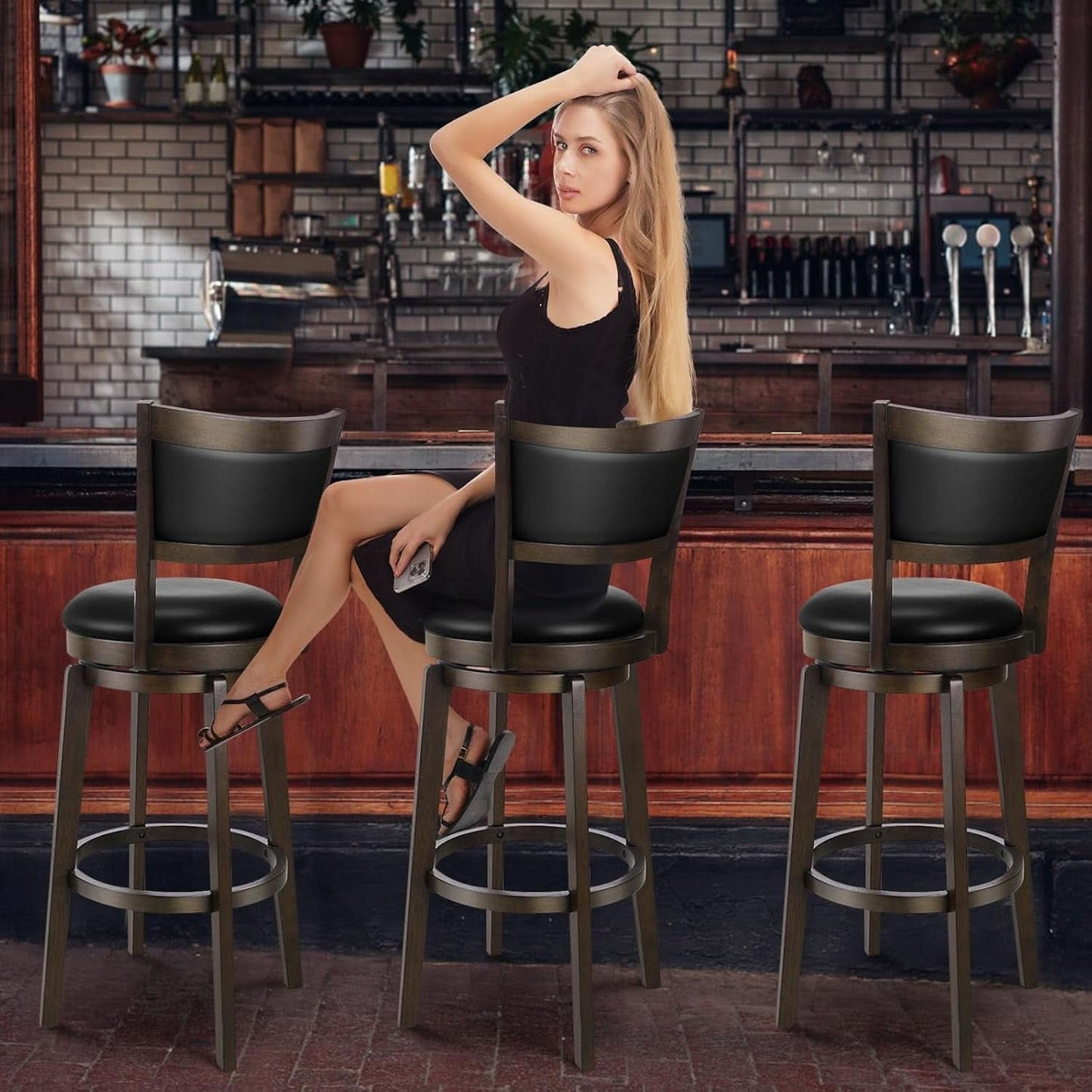Swivel Bar Stools Set of 2 Black Faux Leather 34 Inch