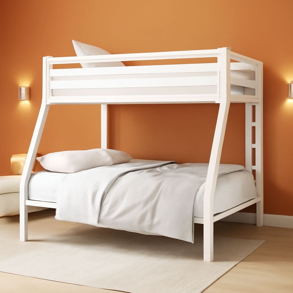 Metal Loft Bunk Bed Twin Over Full Size With Guardrail And Ladder Cream White