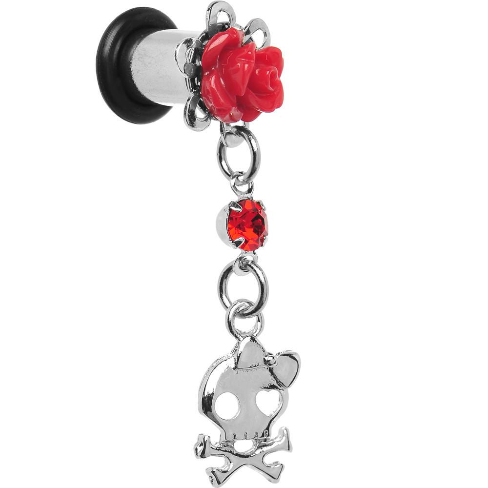 Red Rose Flower Skull Crossbones Dangle Plug Sizes 5mm to 12mm