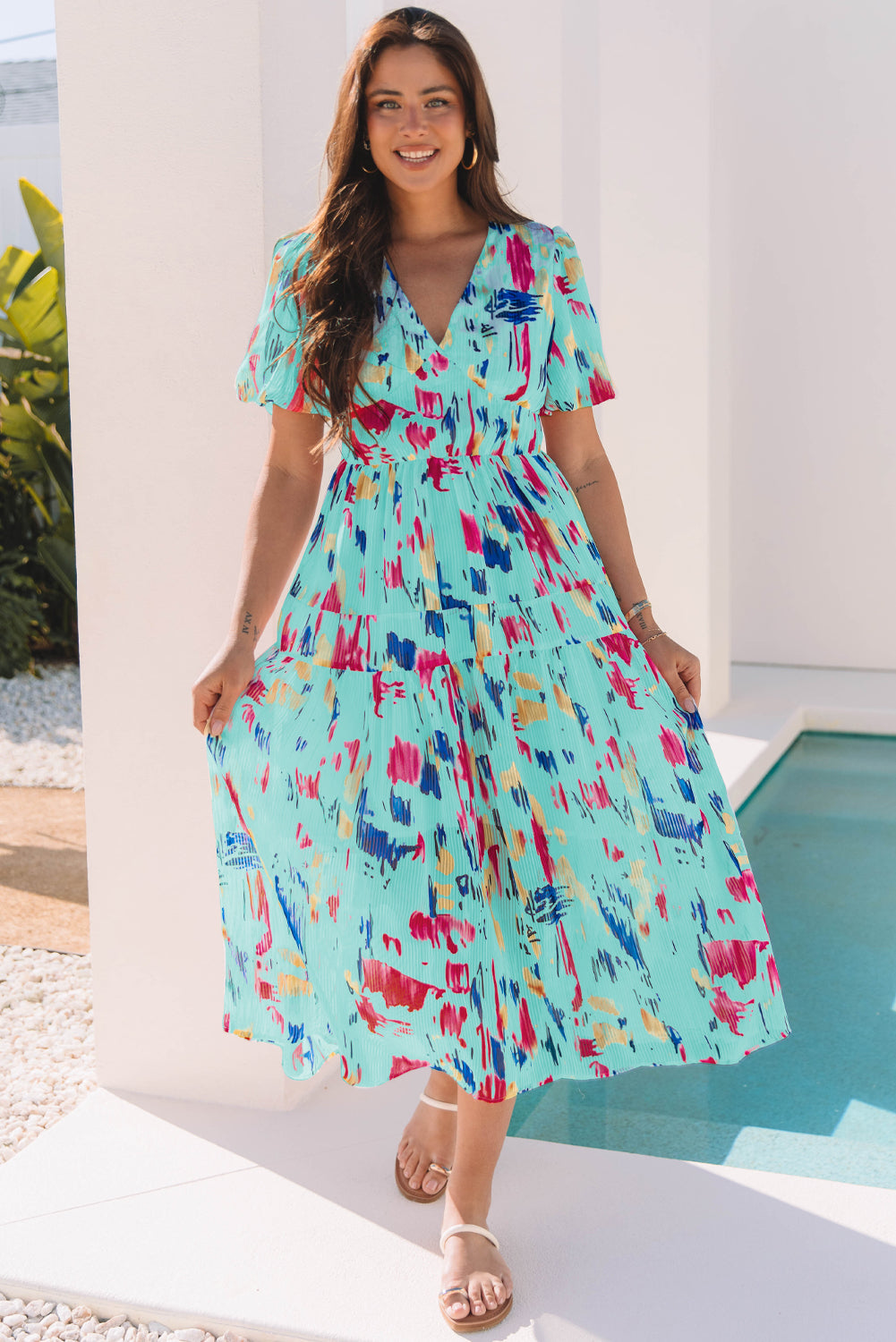 Roselyn Abstract Short Puff Sleeve Tiered Maxi Dress