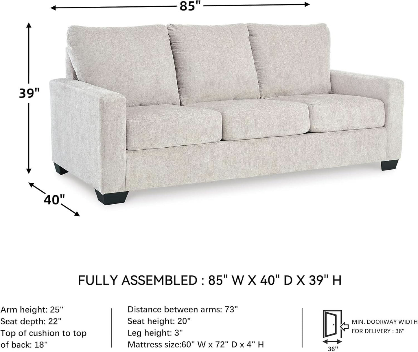 White Queen Upholstered Sleeper Sofa With Gel Memory Foam
