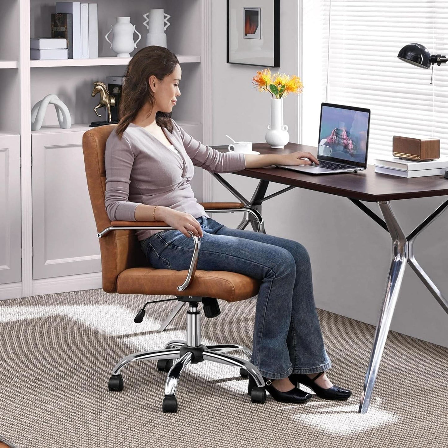 Mid Back Office Chair With Arms Brown Height Adjustable