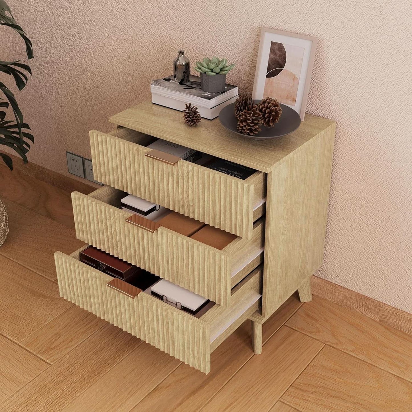 Fluted 3 Drawer Dresser Natural Wood Storage For Bedroom
