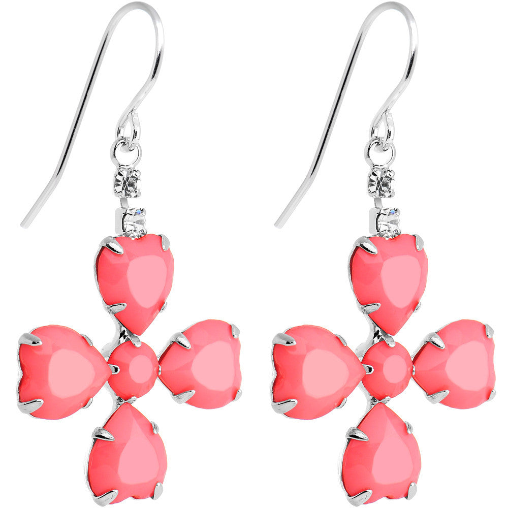 Clear Gem Pink Neon Four Leaf Flower Dangle Earrings