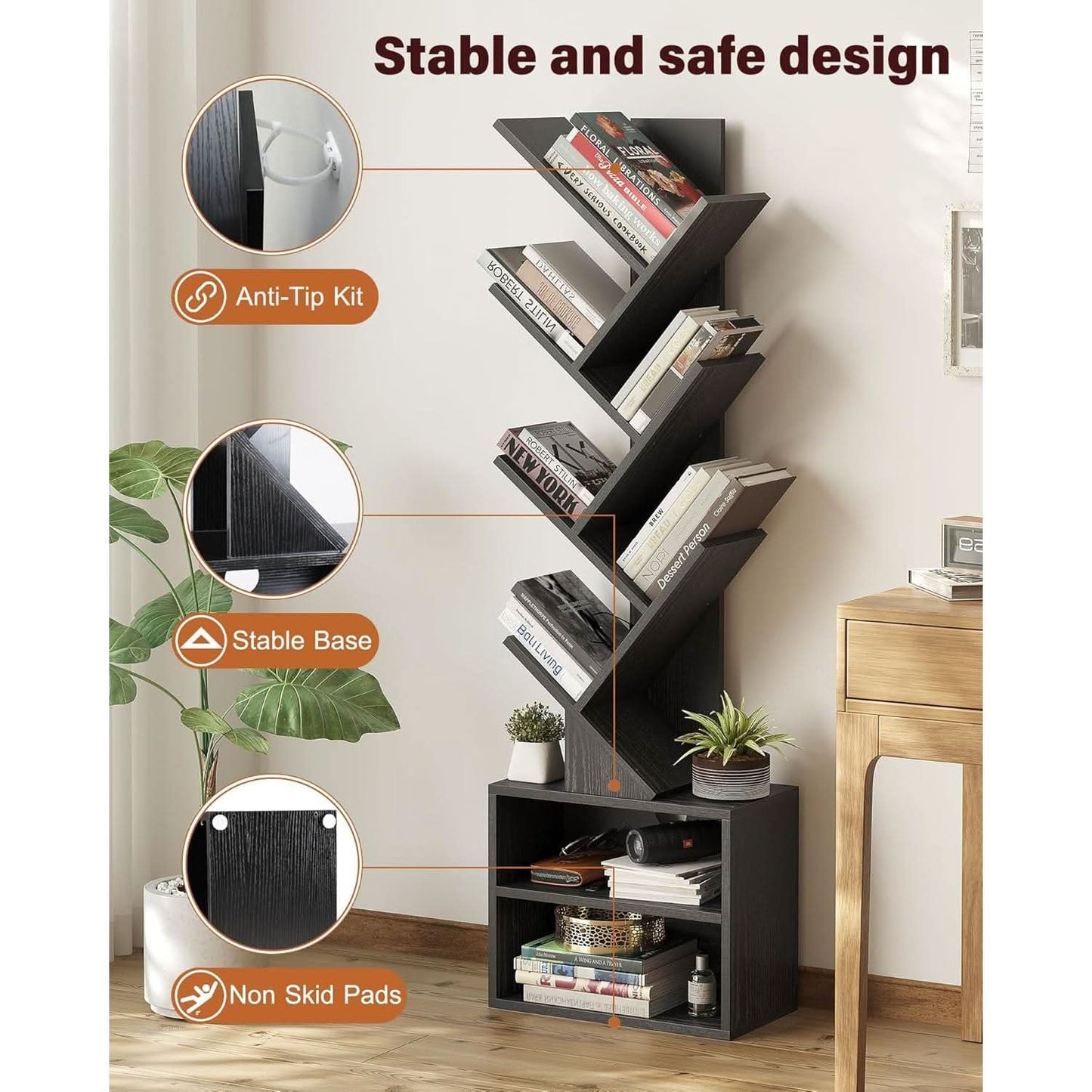 6 Tier Tree Bookshelf Black Floor Standing Storage Cabinet