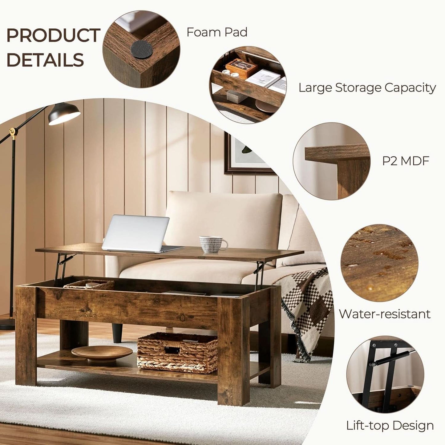 Coffee Table 47.5 Inch Lift Top With Hidden Compartment Rustic Brown