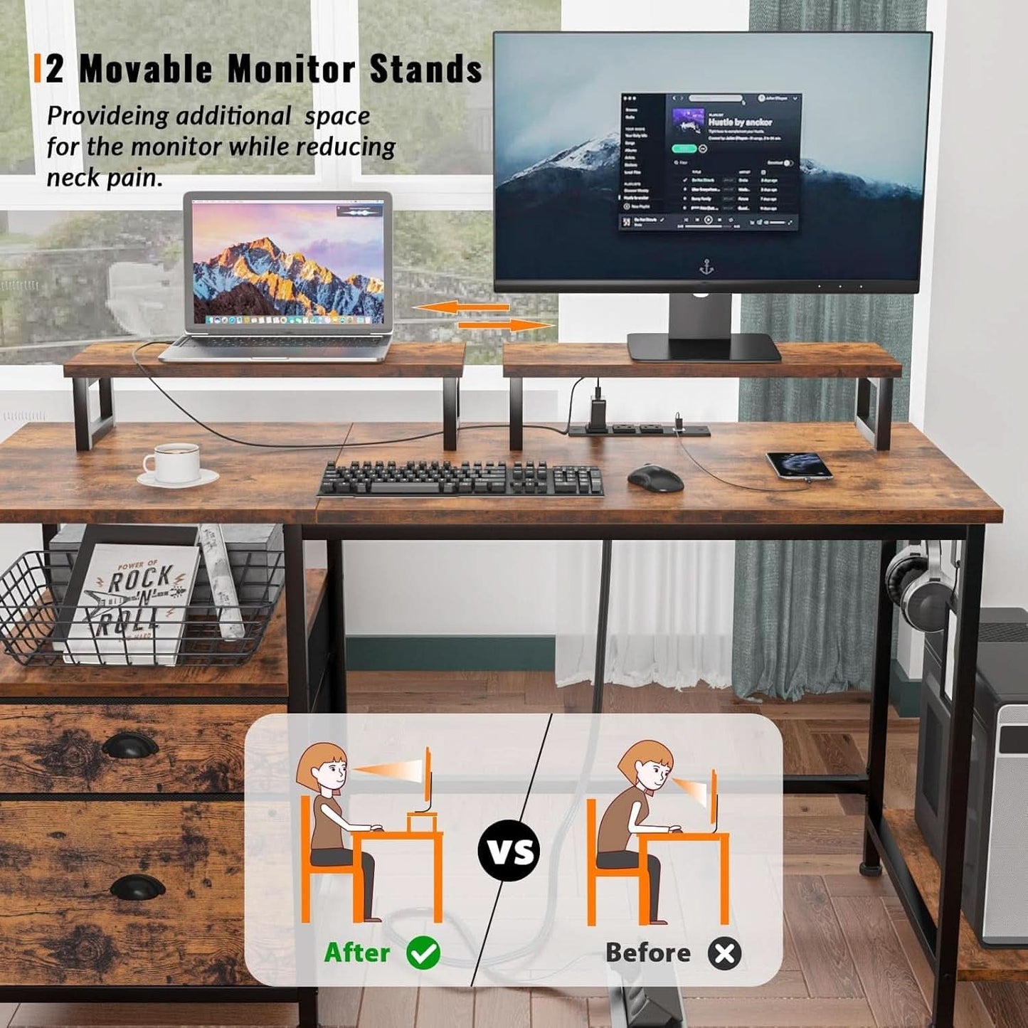 47 Inch Computer Desk With Power Outlets Monitor Stands