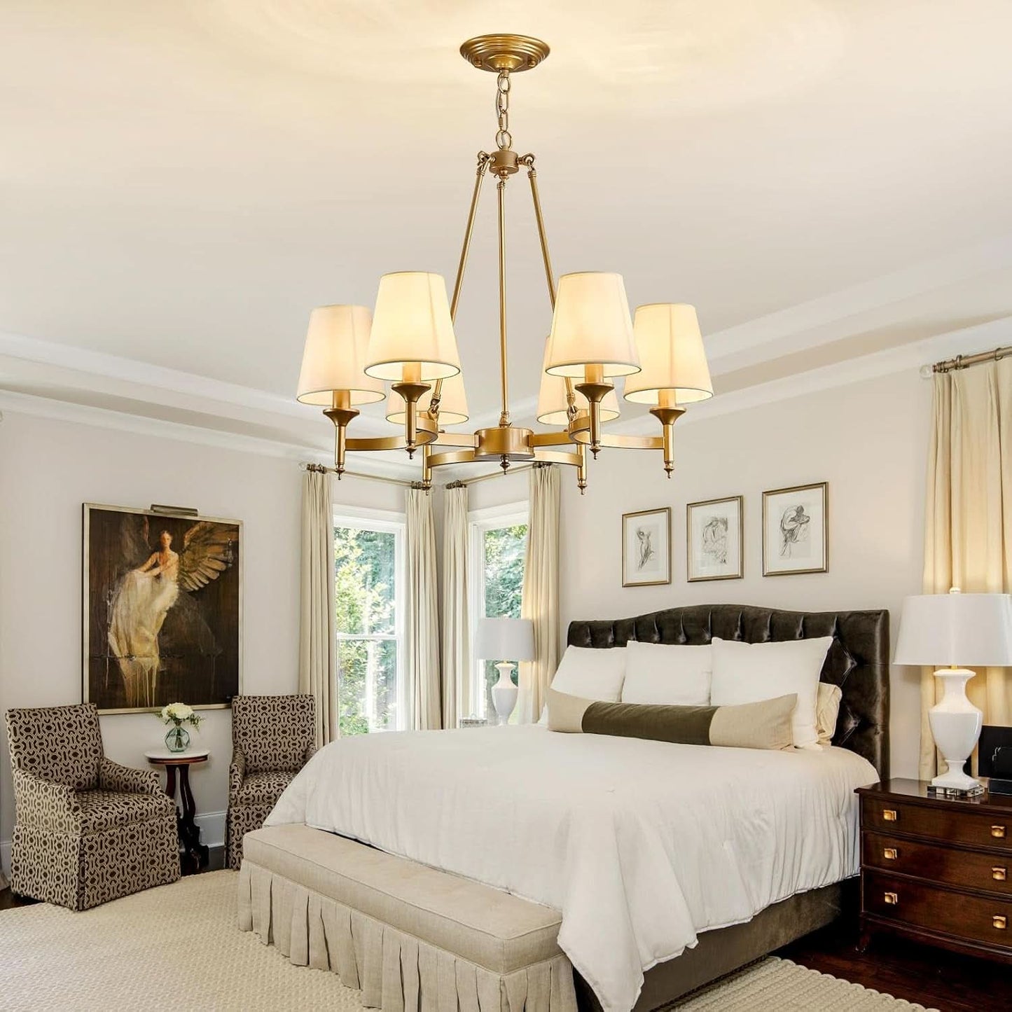 Gold Wagon Wheel Chandelier With White Linen Shade 6 Light