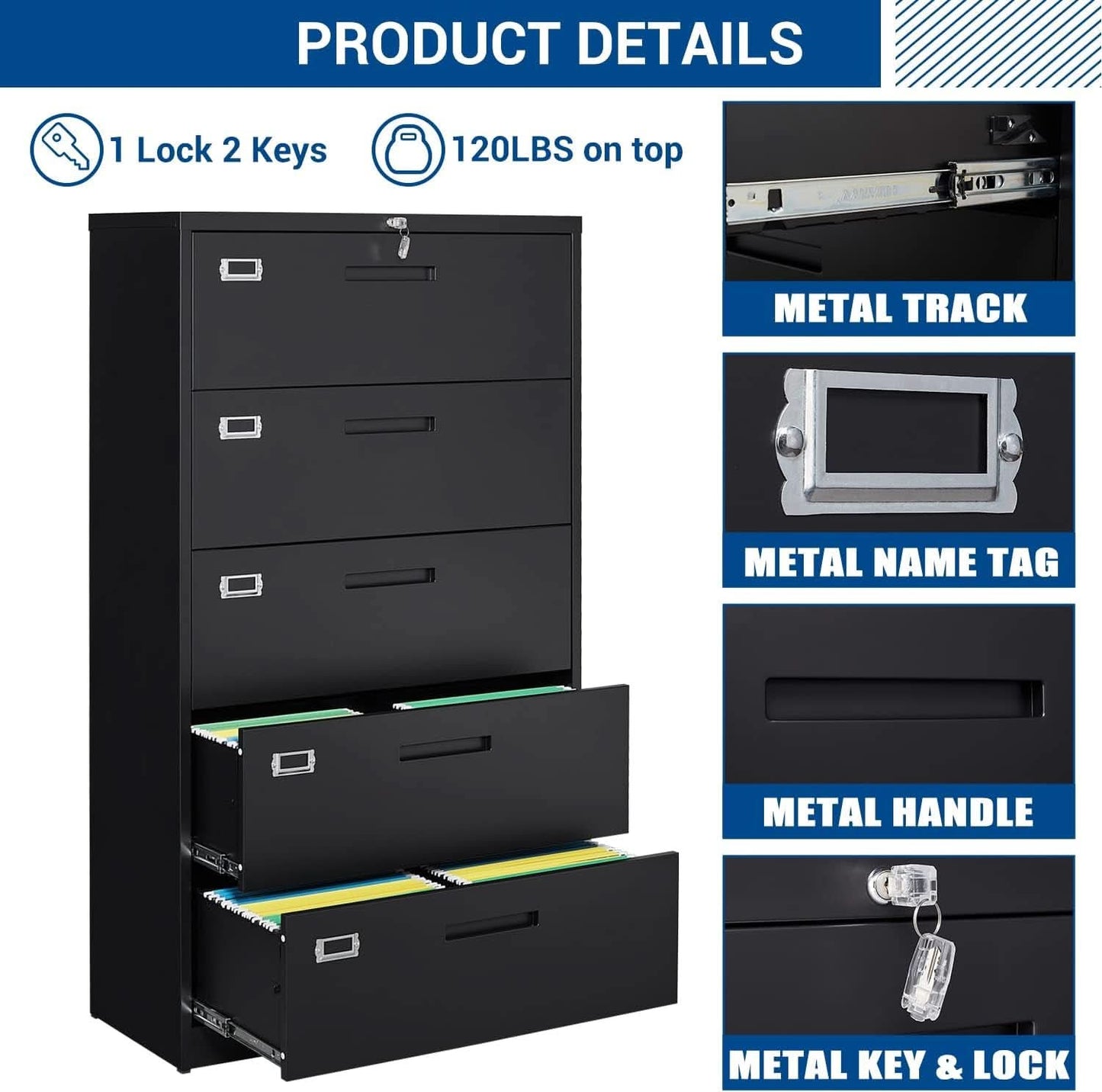 5 Drawer Lateral File Cabinet Lockable Metal Office Storage