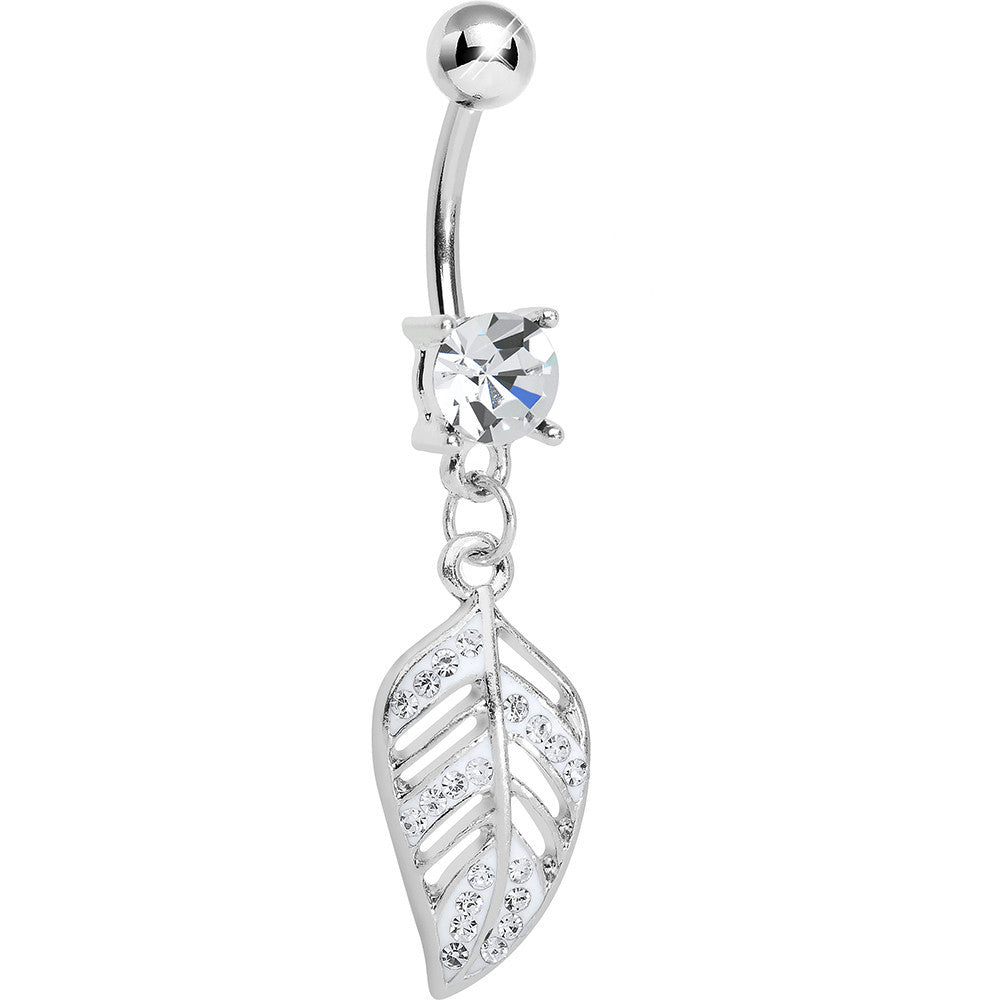 Crystalline Gem Paved Floating Leaf Dangle Belly Ring