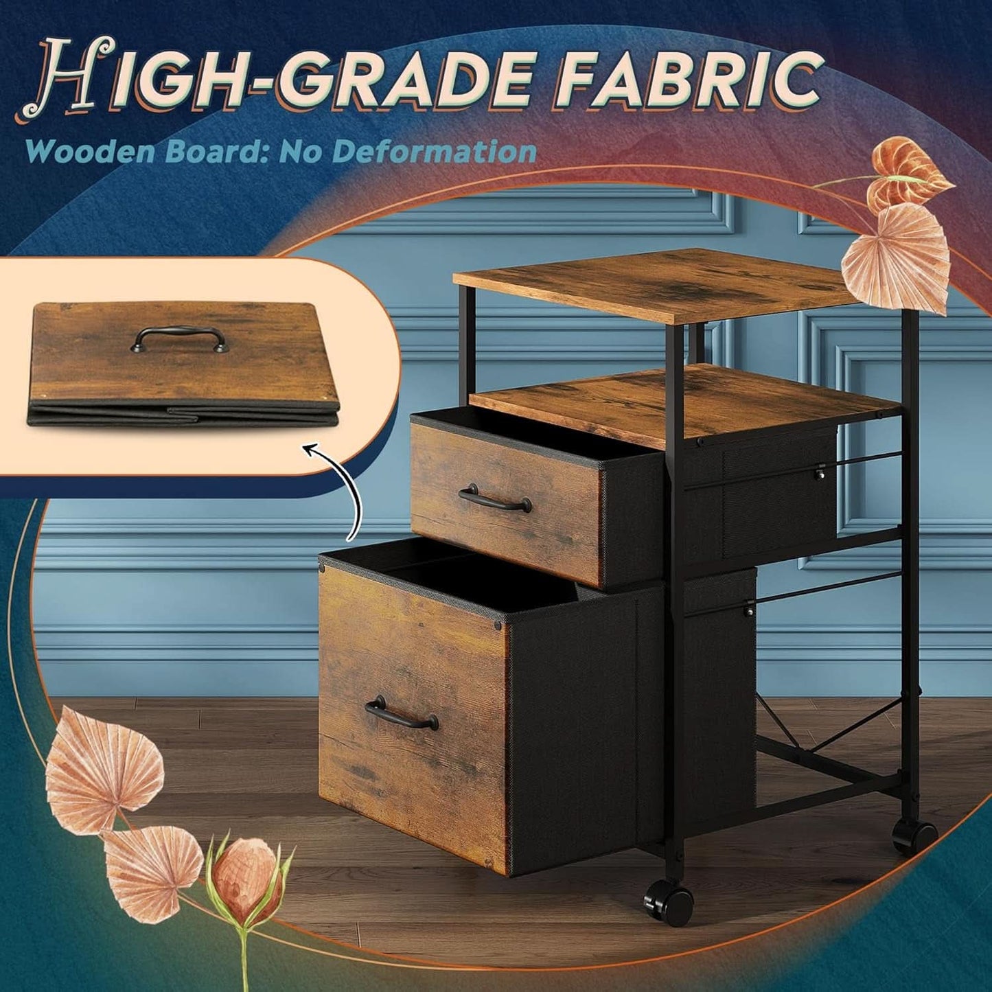 2 Drawer Mobile File Cabinet With Open Shelf Rolling Printer Stand For A4 Or Letter Size Files Rustic Brown Wood Grain
