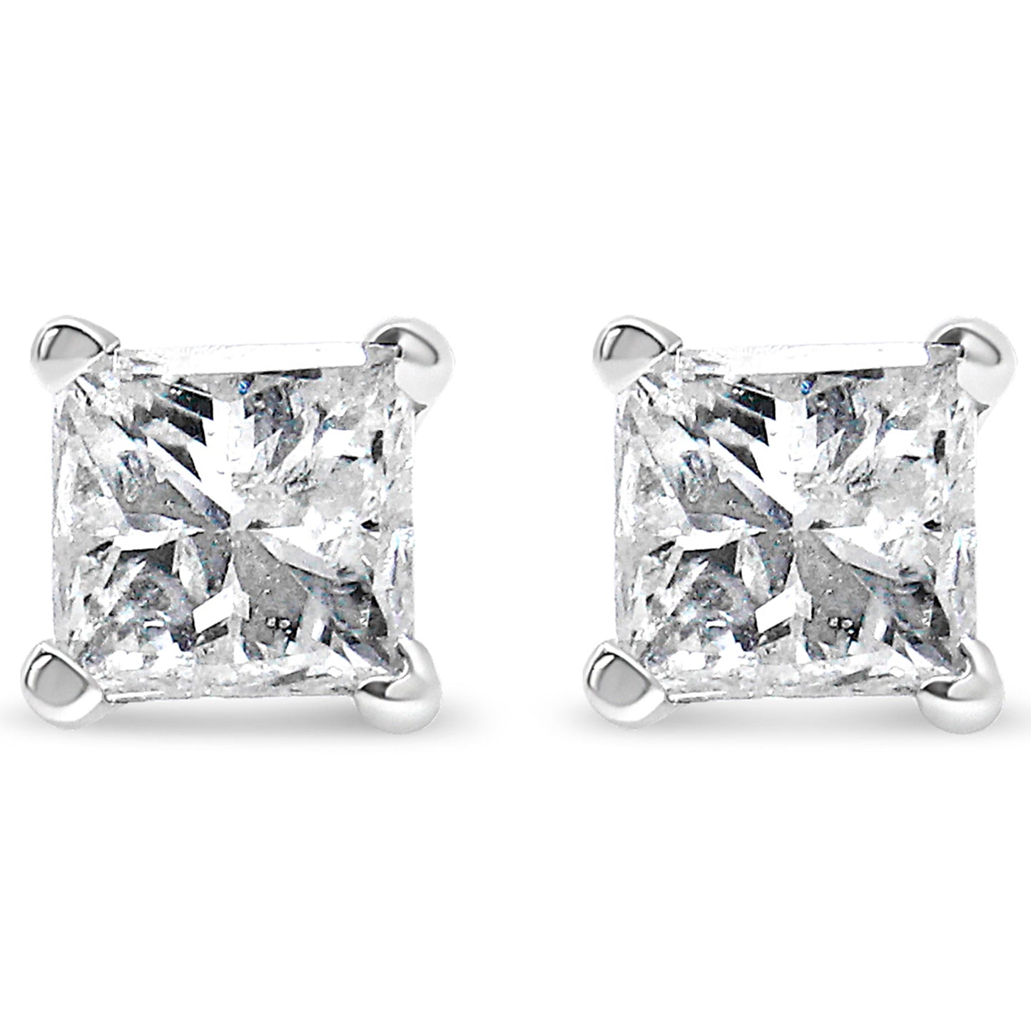 AGS Certified 14K White Gold 1.0 Cttw 4-Prong Set Princess-Cut Solitaire Diamond Push Back Stud Earrings (I-J Color, SI2-I1 Clarity)