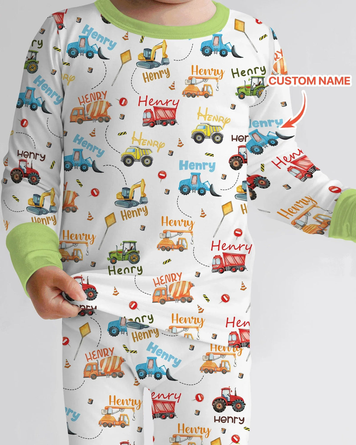 Construction Vehicles Custom Name Two Piece Long Sleeve Pajama Set