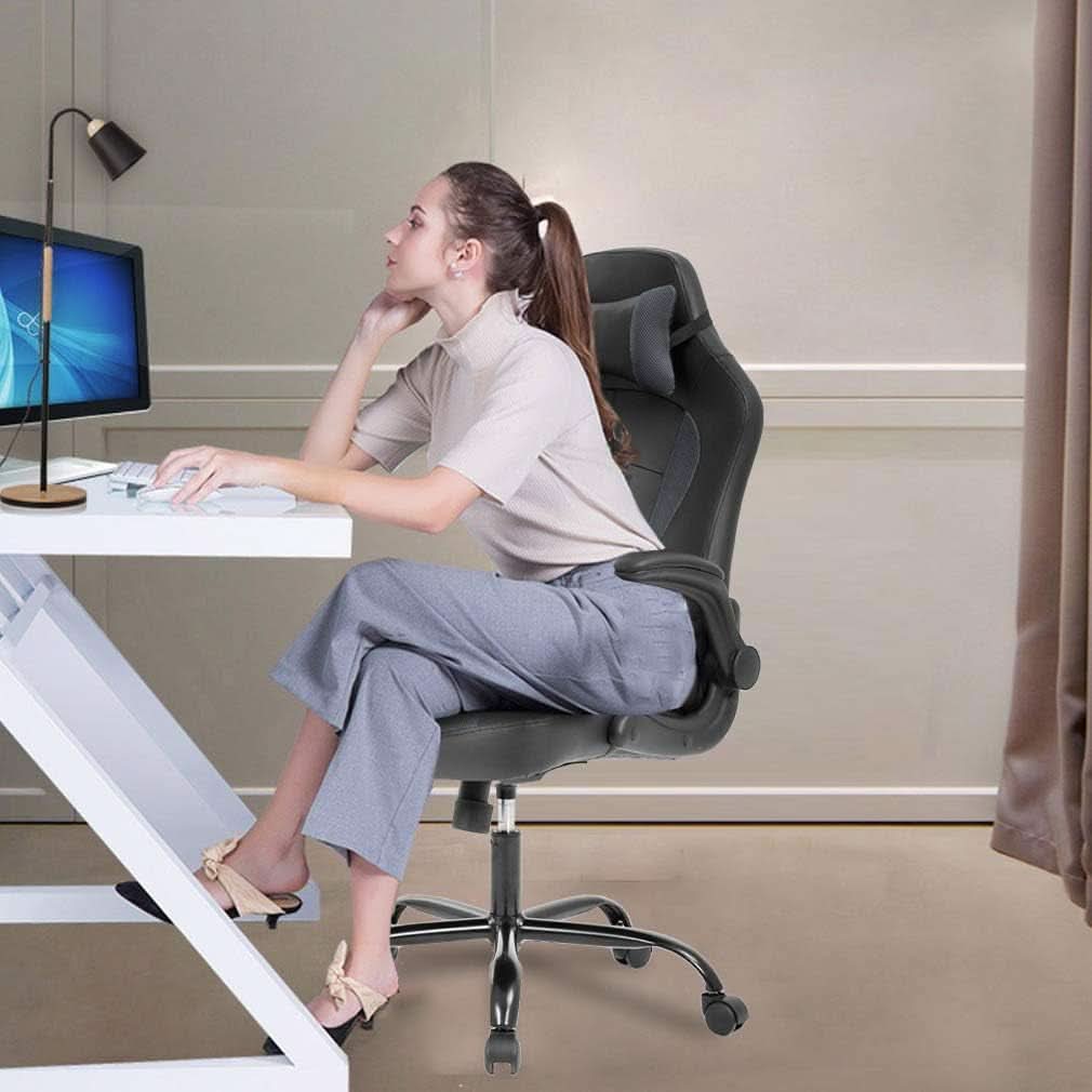 Grey Ergonomic PC Gaming Chair With Lumbar Support And Flip Up Arms
