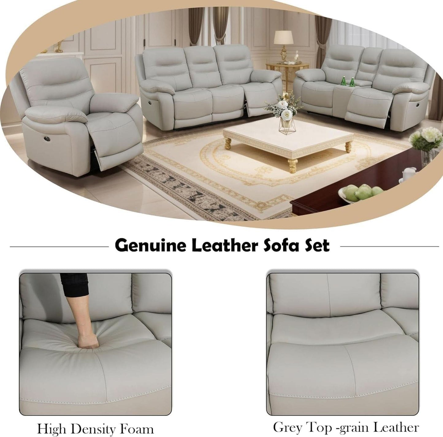 Power Reclining Leather Sofa Set With USB Port Light Grey
