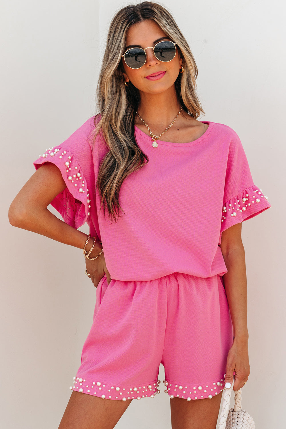 Honey Textured Pearled Ruffle Sleeve 2 Piece Set