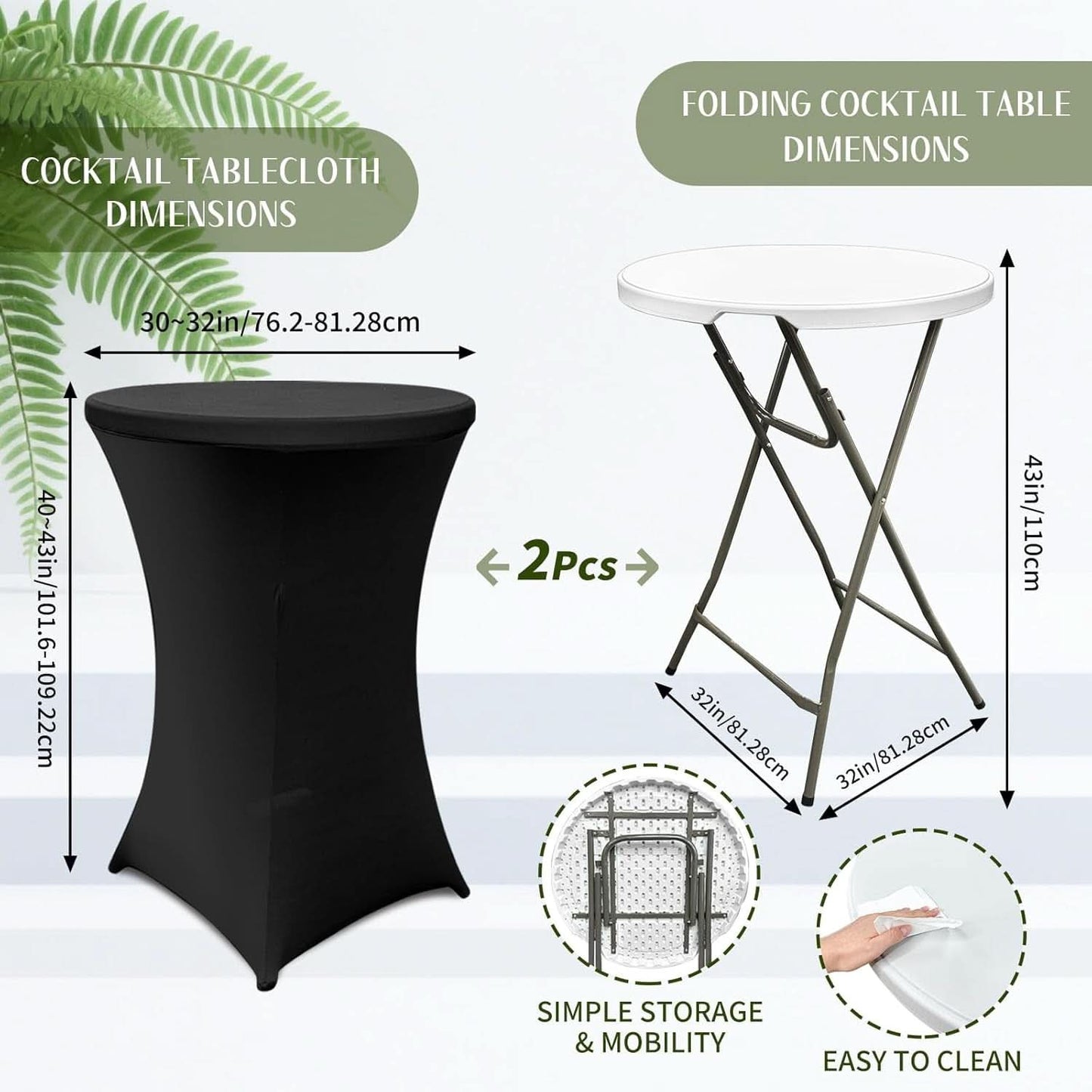 32-Inch Round Folding High Top Cocktail Tables with Black Spandex Covers, Set of 2
