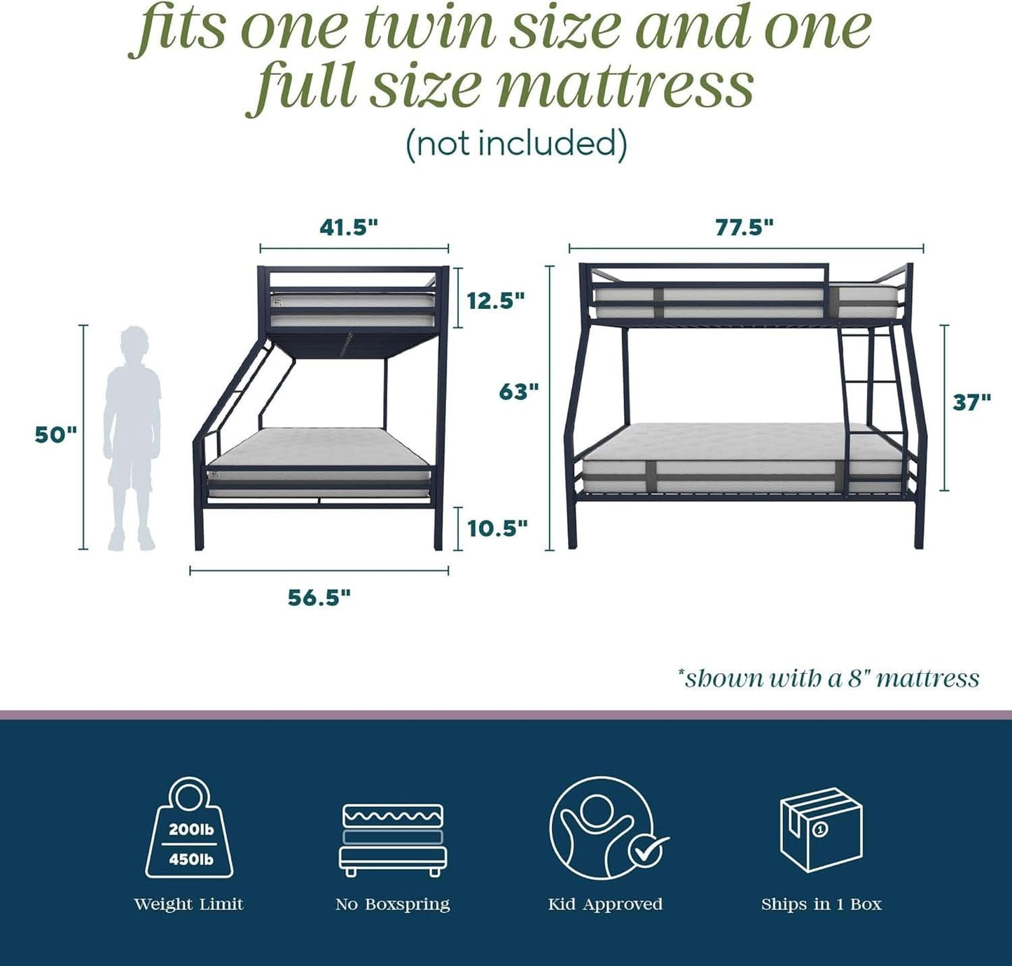 Maxwell Twin-Over-Full Metal Bunk Bed Navy Blue With Ladder
