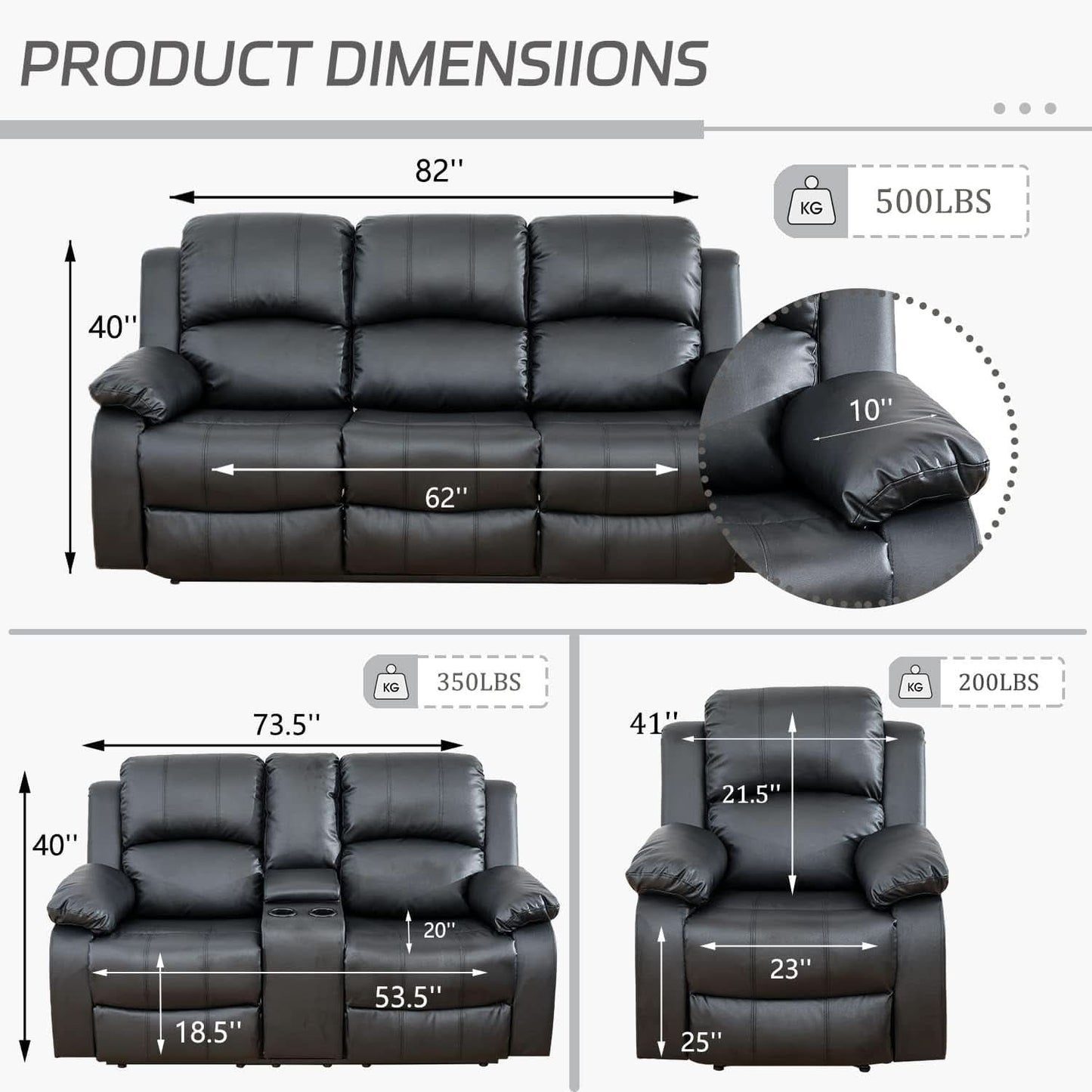 Manual Recliner Sofa Set Black With Cup Holder Storage Console