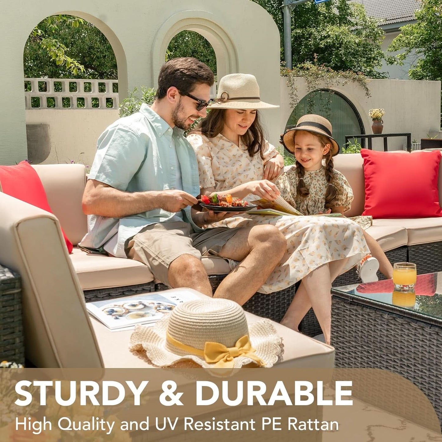Six Piece Outdoor Rattan Sectional Sofa Set with Cushions