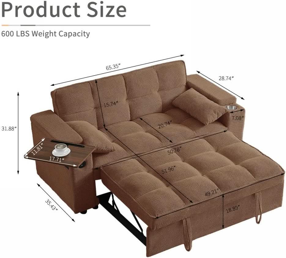65 Inches Durable Convertible Sleeper Sofa ChocolateBrown