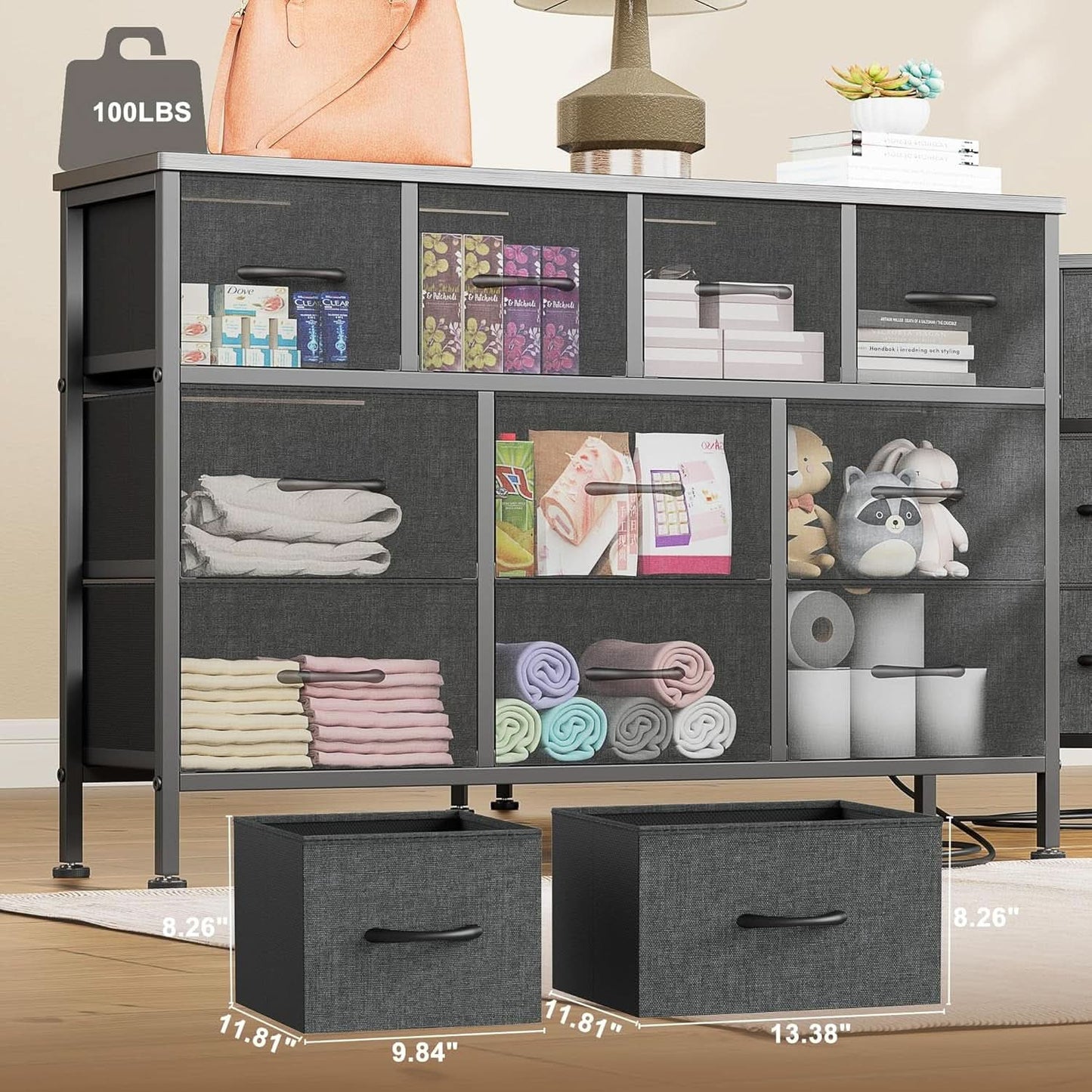 Grey 10 Drawer Dresser TV Stand With Power Outlets