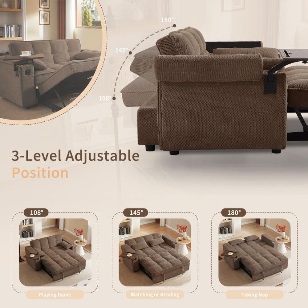 65 Inches Durable Convertible Sleeper Sofa ChocolateBrown