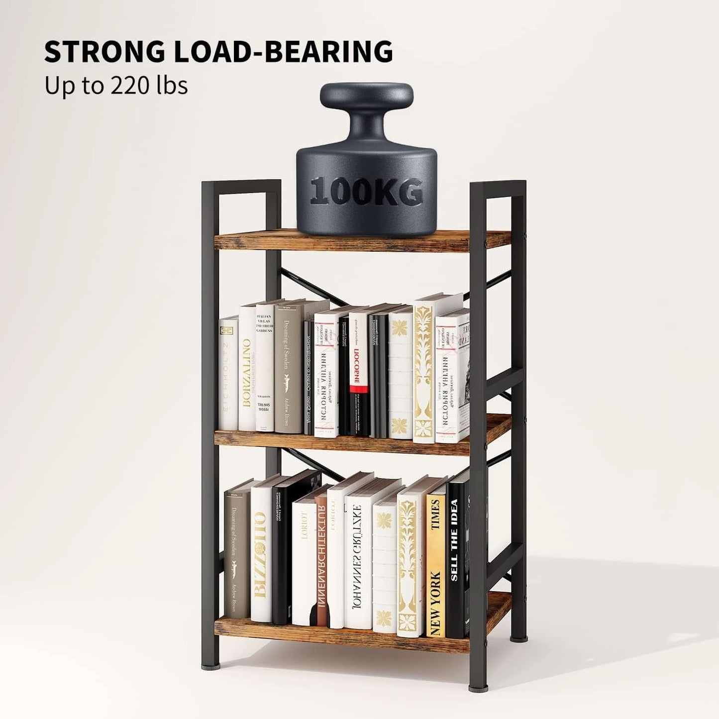 Rustic Brown 3 Tier Metal Bookshelf For Living Room