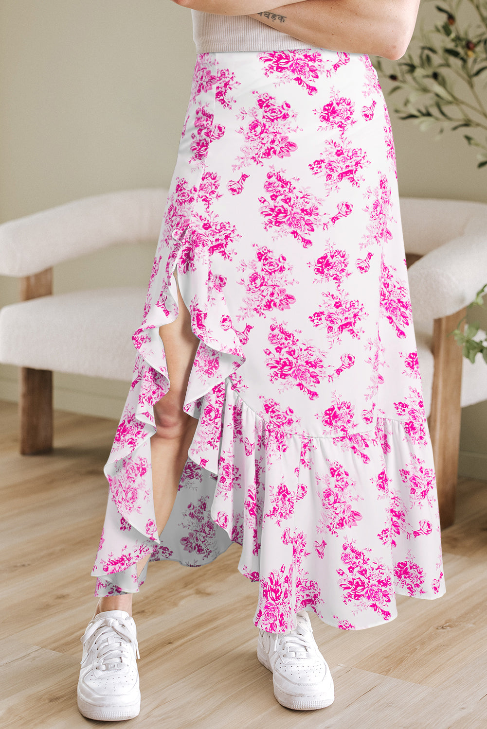 Salma Boho Floral High Waist Ruffle Split Maxi Skirt