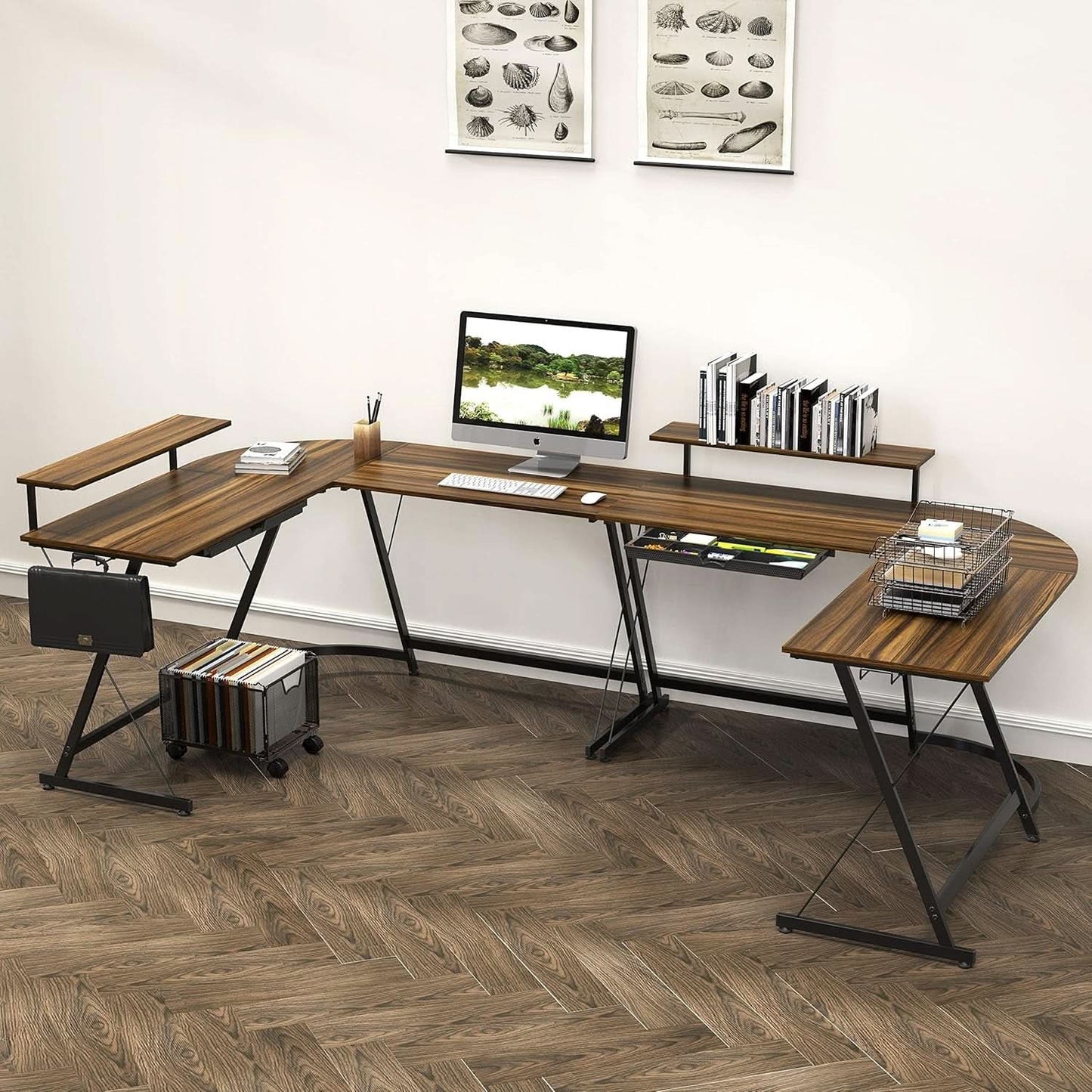 Vista L Shape Desk With Monitor Stand Walnut Finish