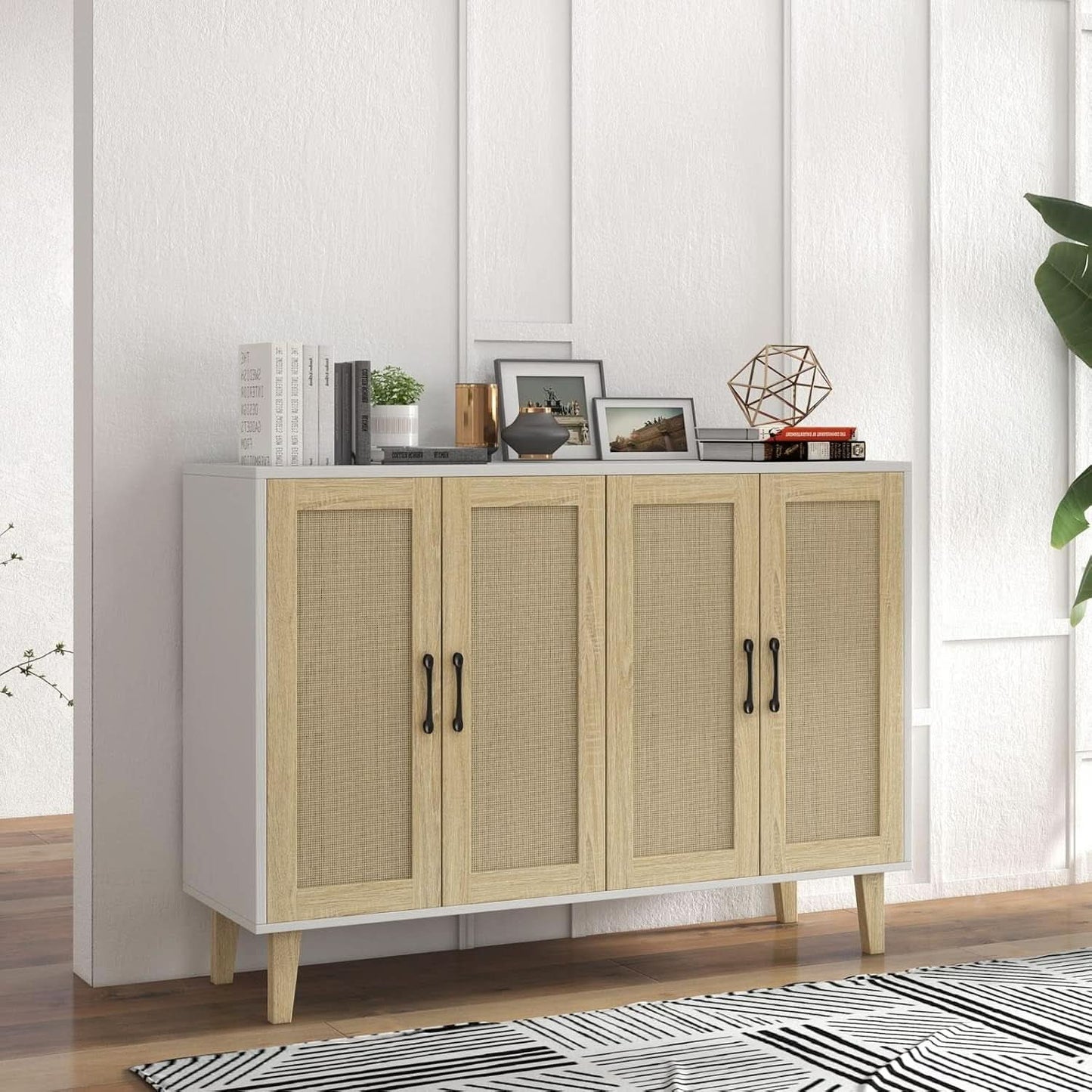 Buffet Storage Cabinet White Rattan Decor 4 Doors 48 Inch