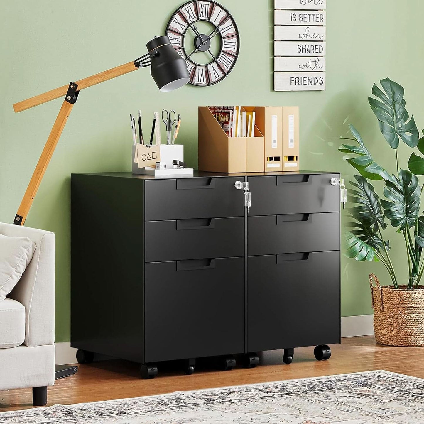 3 Drawer Mobile File Cabinet With Lock In Black Metal Under Desk Organizer For Letters Legal A4