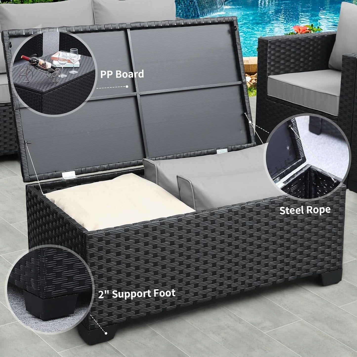 Six Piece Outdoor Wicker Furniture Set With Grey Cushions