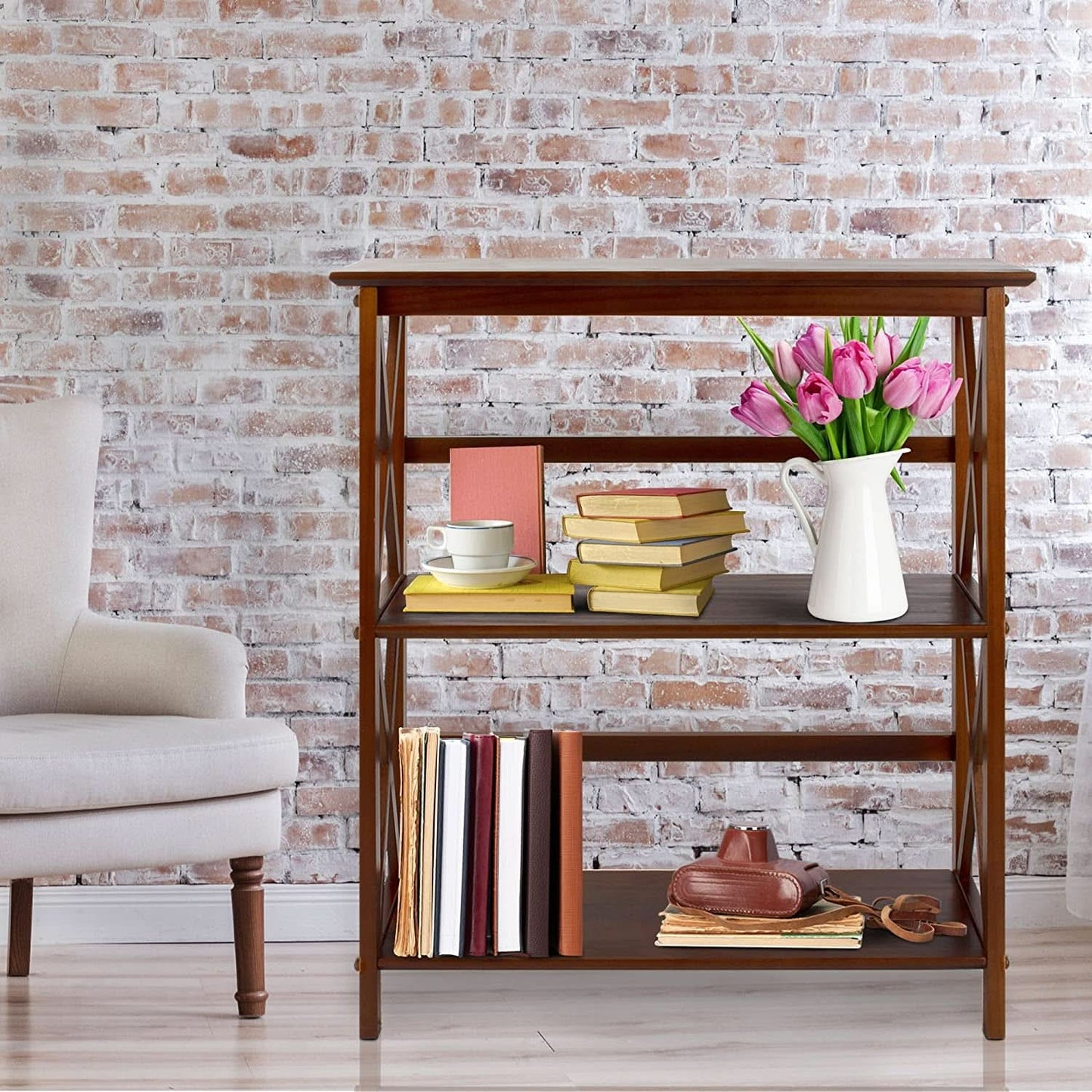 Shelf Bookcase With X Design Three Shelf Storage For Books