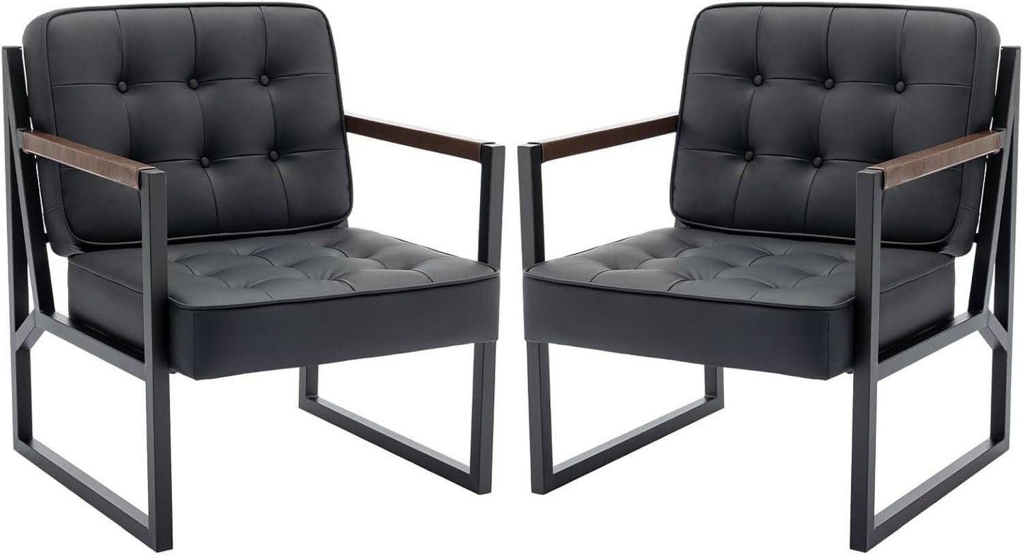 Mid Century Classic Black Leather Upholstered Accent Chair
