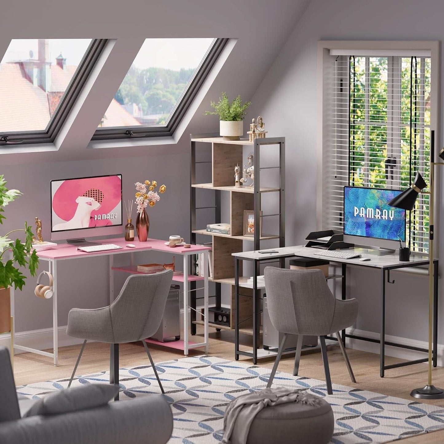 43 Inch L Shaped Computer Desk White Marble Home Office