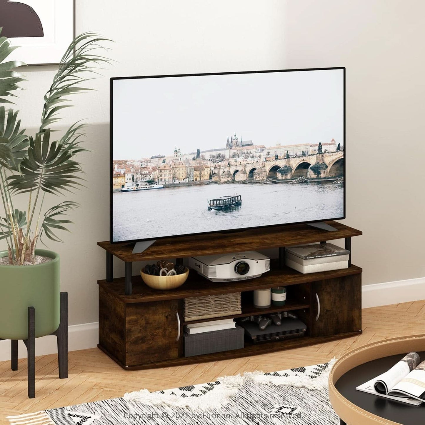 Jaya Amber Pine TV Stand for 55 Inch TV Open Shelves Black