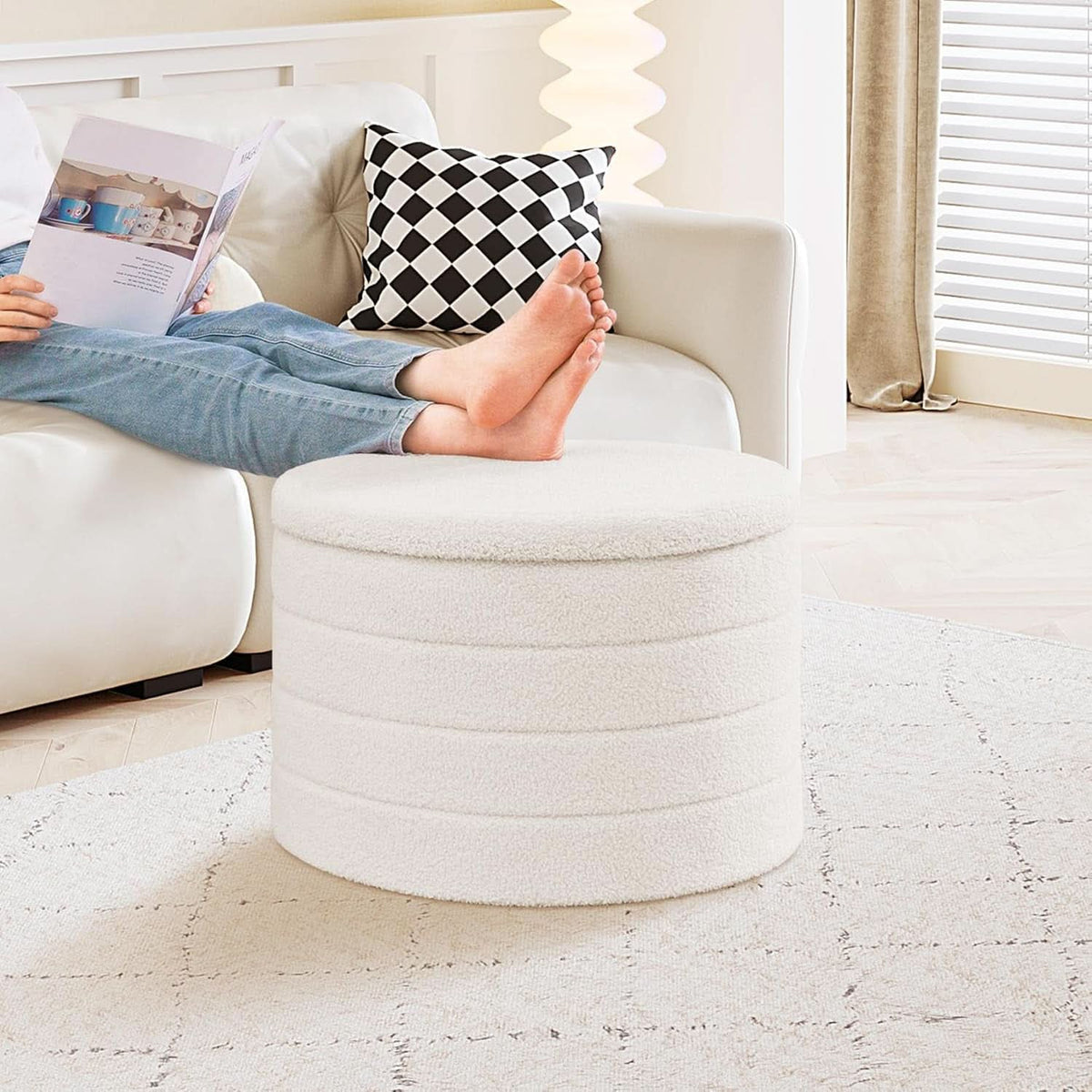 Rounded White Luxurious Boucle Storage Ottoman Lid