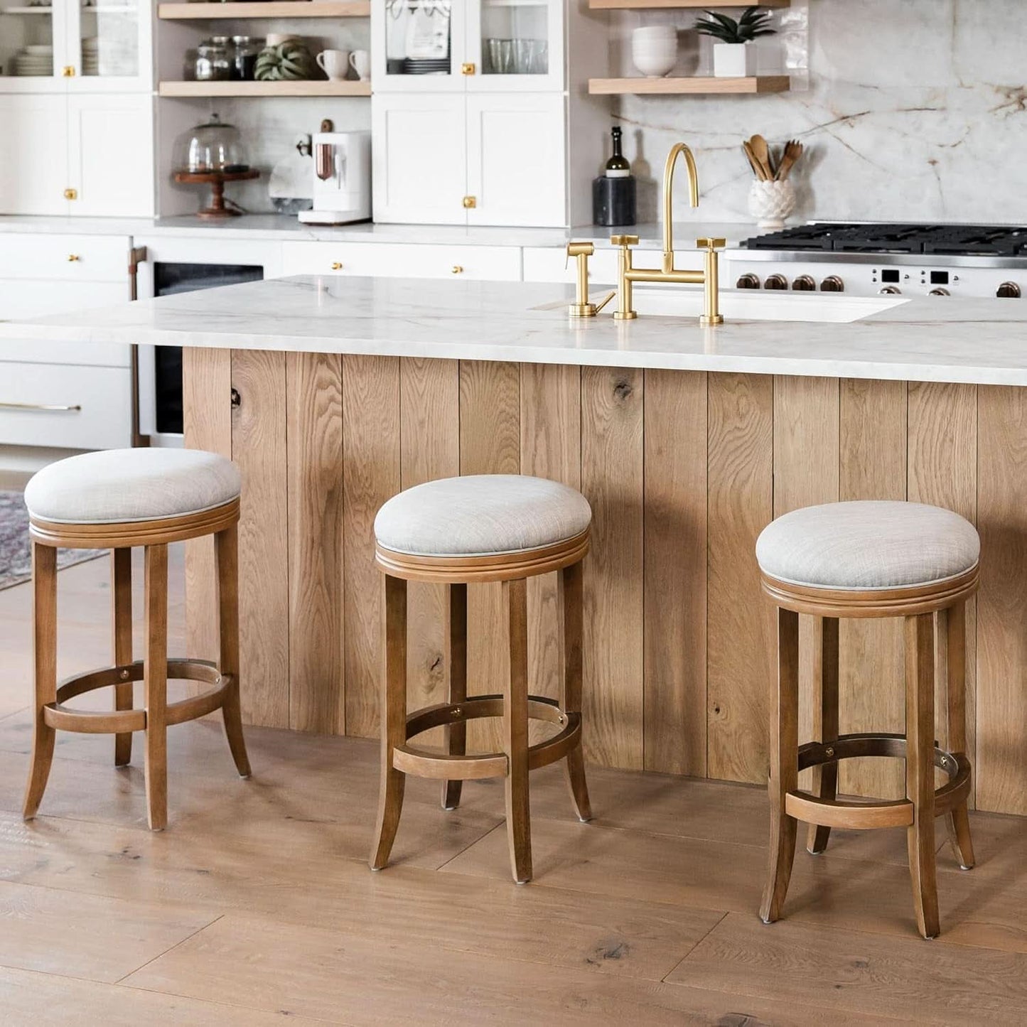 Eva 31 Inch Bar Height Backless Swivel Bar Stool Weathered Oak Sand Fabric