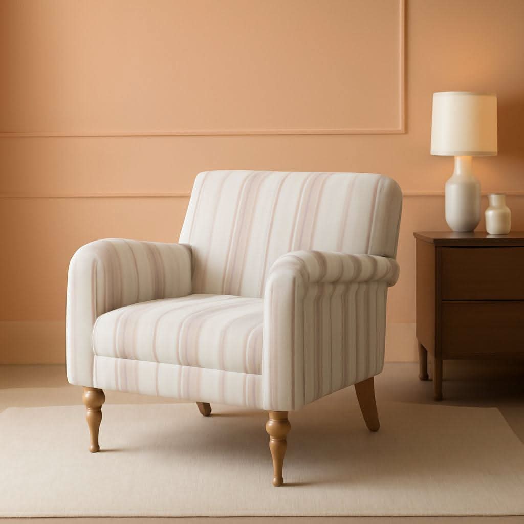 Tan Stripe Accent Chair With Wooden Legs For Living Room