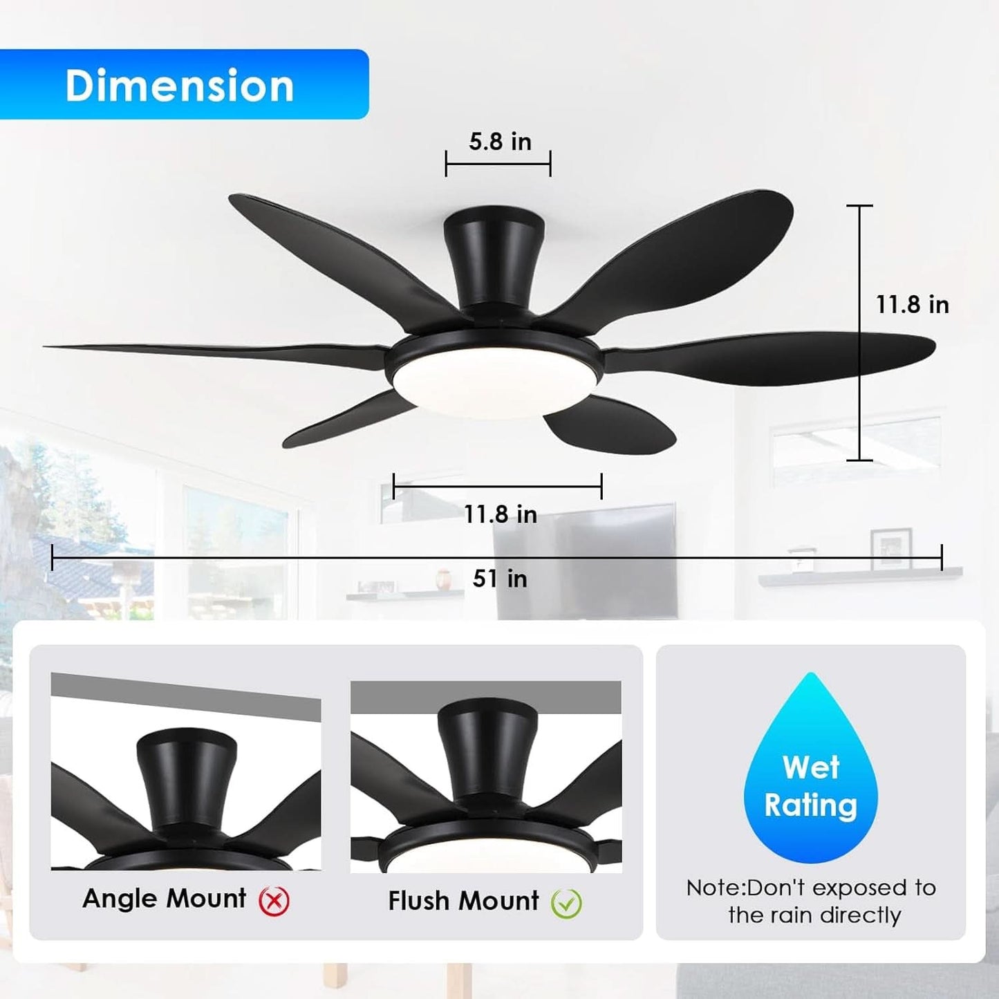 51 Inch Black Ceiling Fan With Light And Remote Control