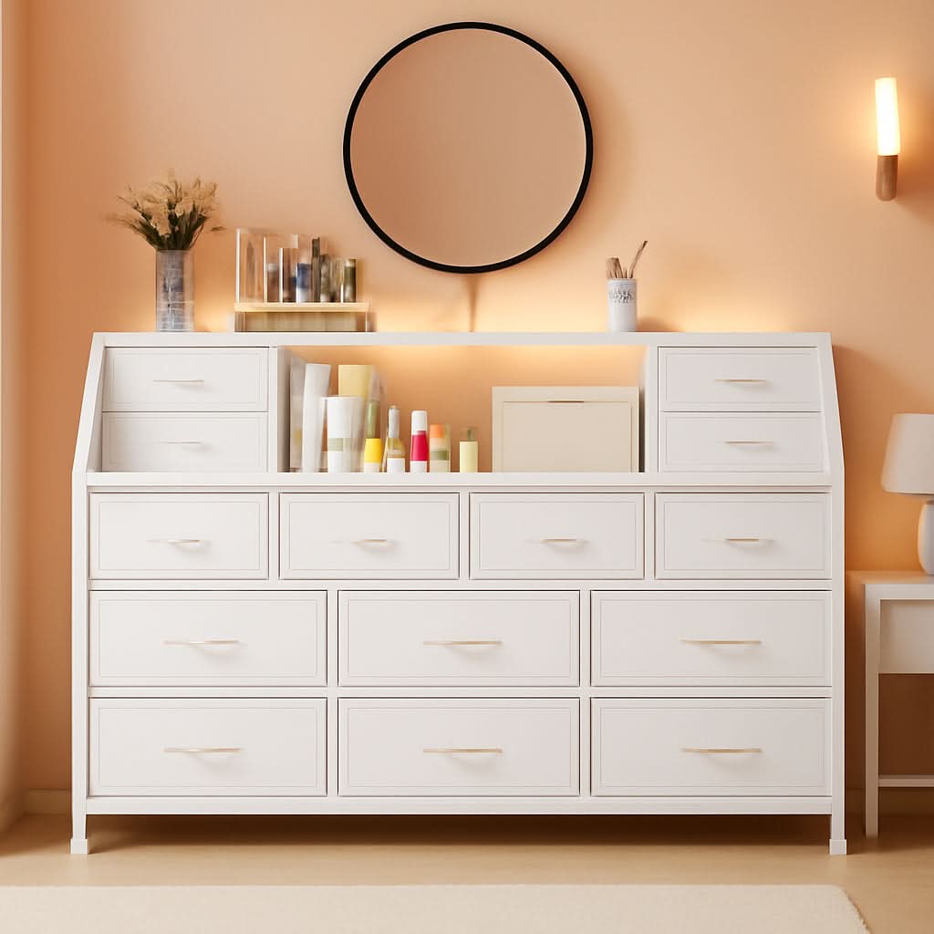 55 Inch Wide TV Stand Dresser 14 Drawers White Finish