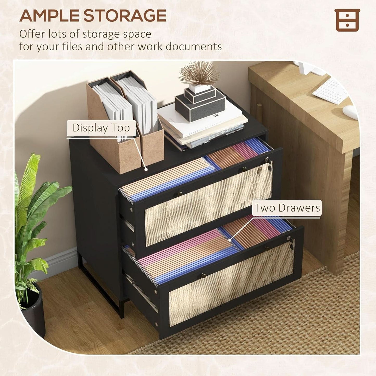 Rattan Drawer File Cabinet With Lock For Letter A4 Legal Files Printer Stand Black